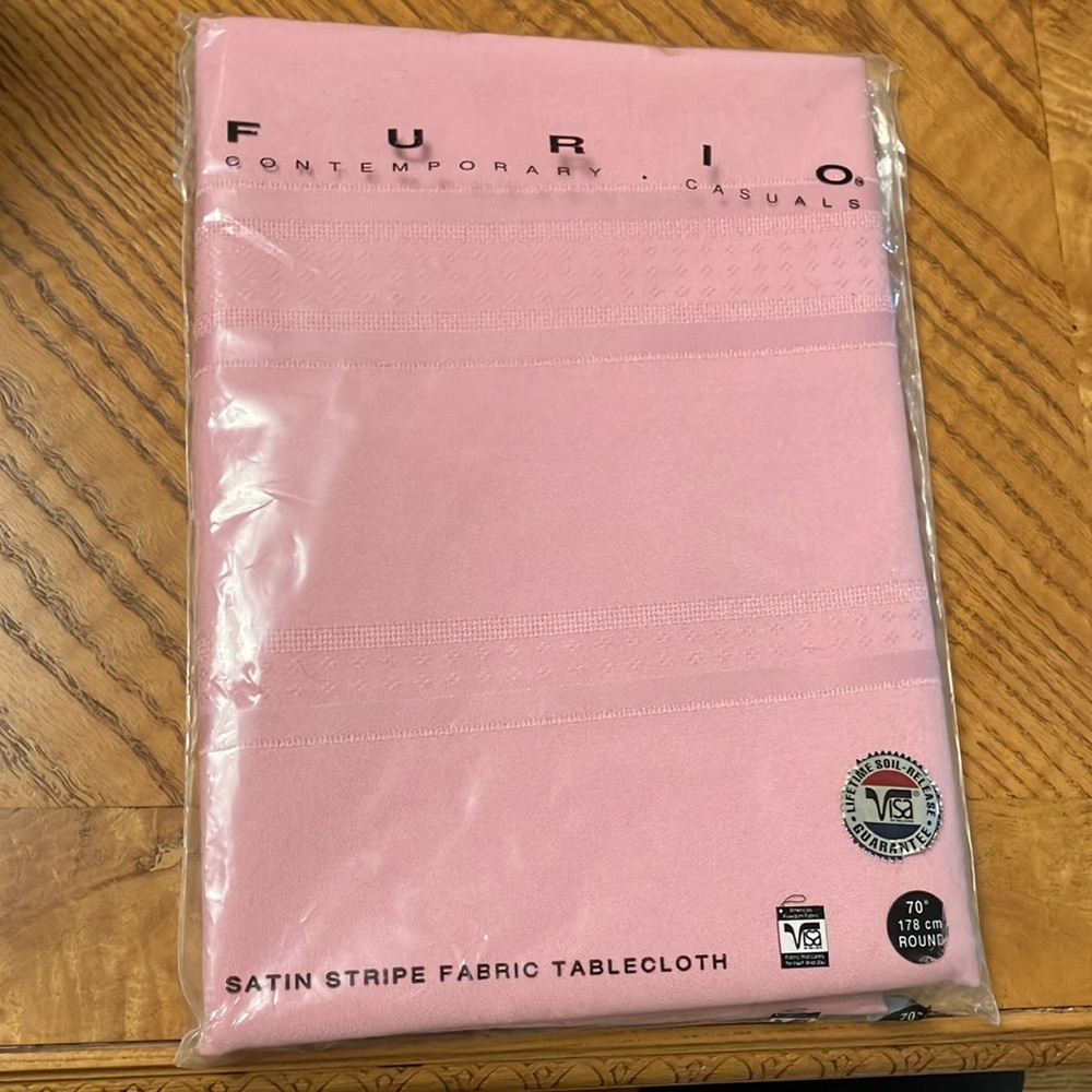 Furio Pink Satin Stripe Tablecloth NIP. Never used.